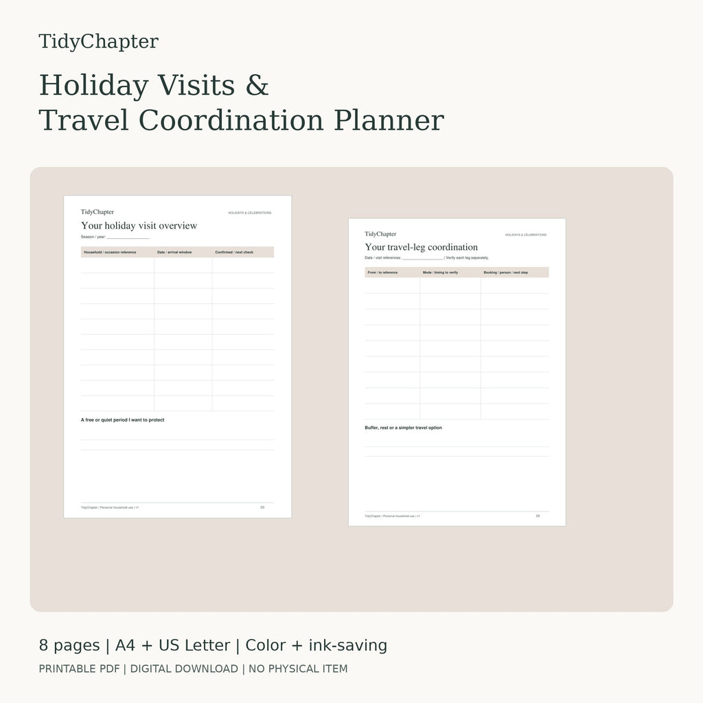 Holiday Visits & Travel Coordination Planner printable PDF pack in A4 and US Letter
