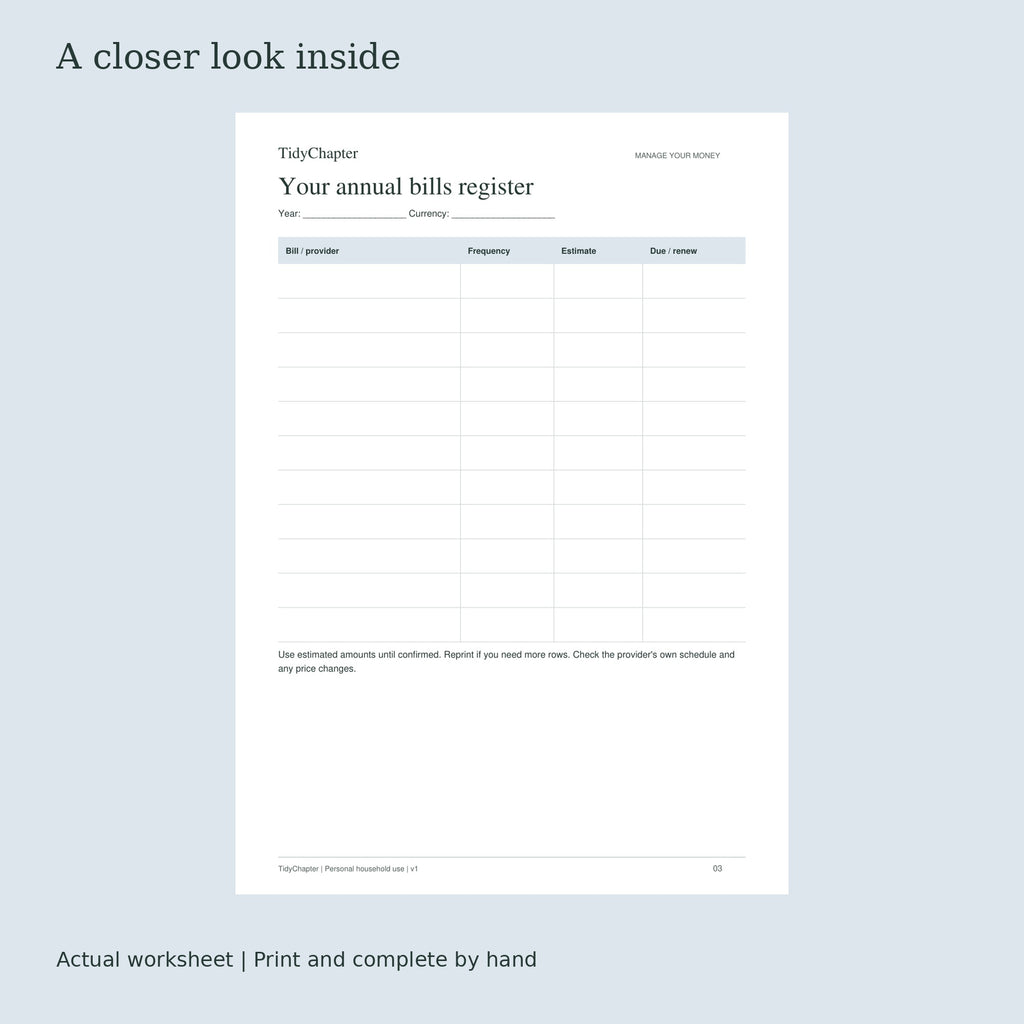 Annual Bills & Renewals Pack actual worksheet preview