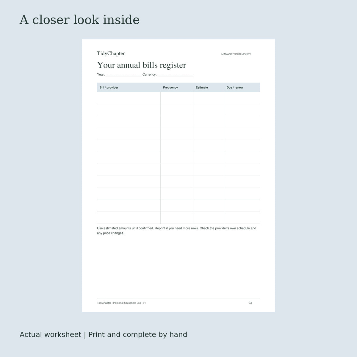 Annual Bills & Renewals Pack actual worksheet preview