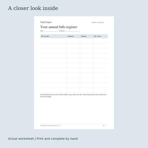Annual Bills & Renewals Pack actual worksheet preview