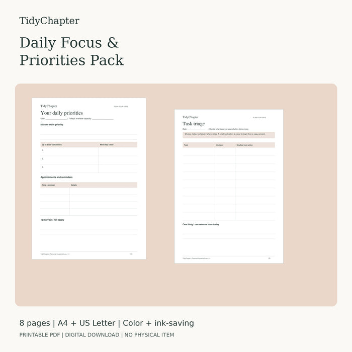 Daily Focus & Priorities Pack printable PDF pack, A4 and US Letter