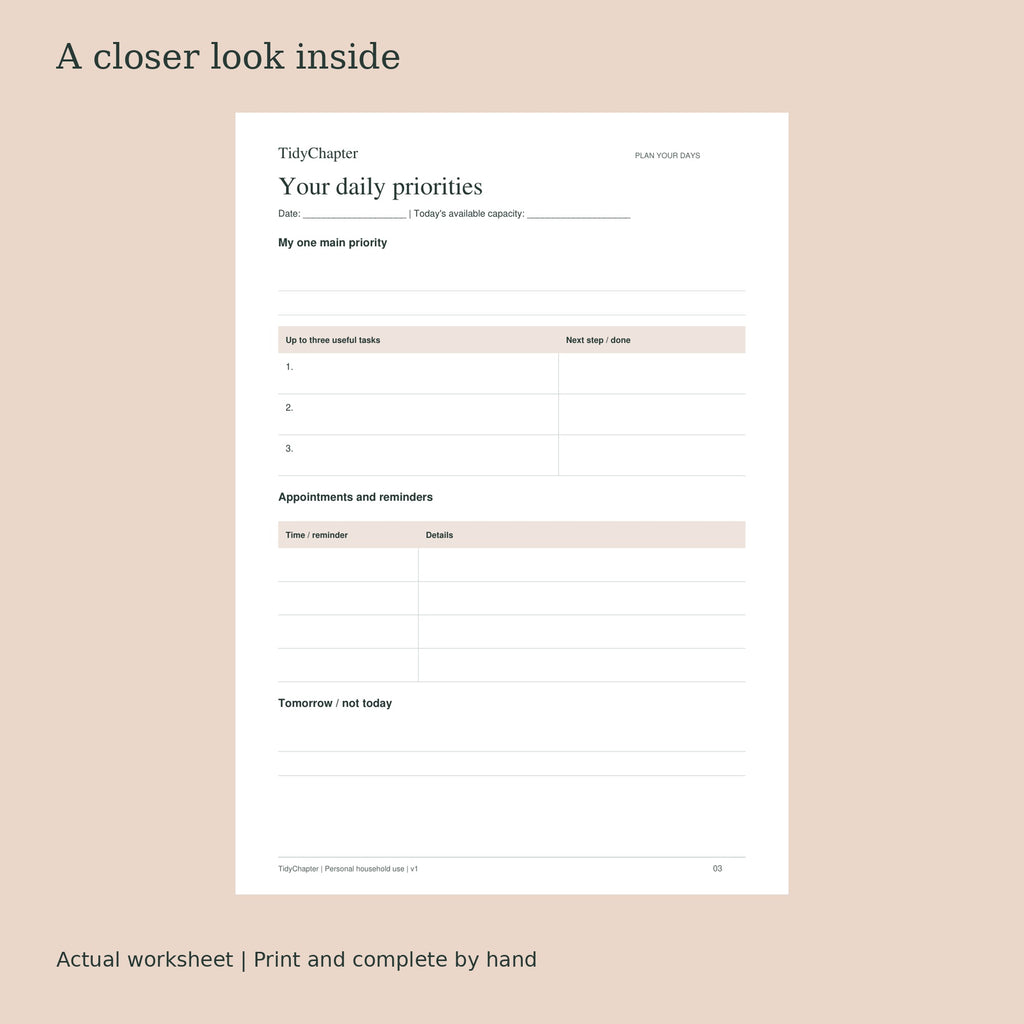 Daily Focus & Priorities Pack actual worksheet preview