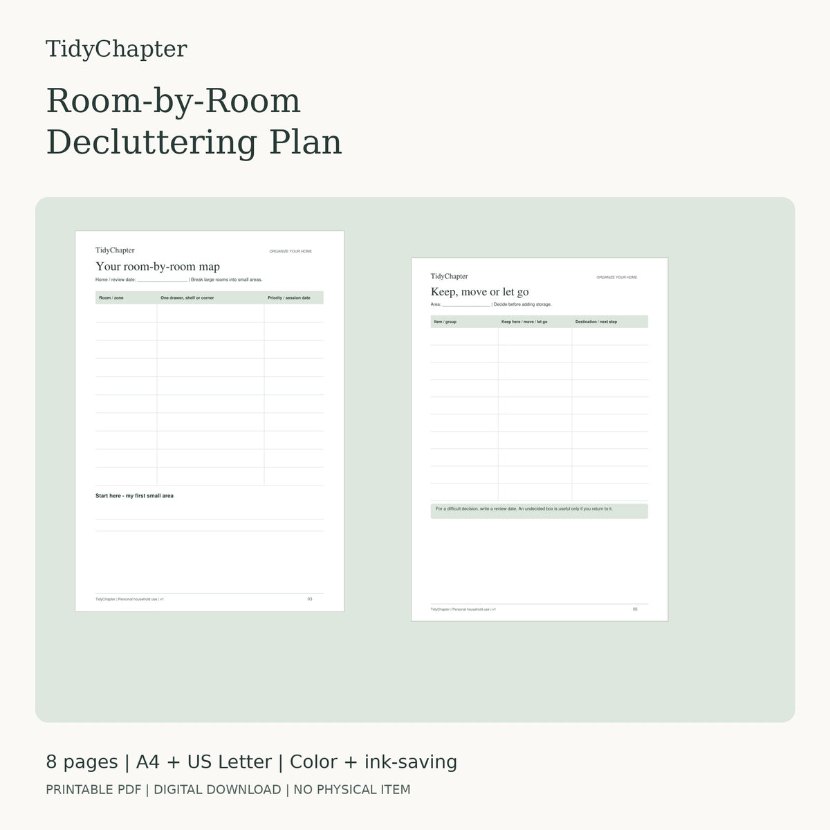 Room-by-Room Decluttering Plan printable PDF pack, A4 and US Letter