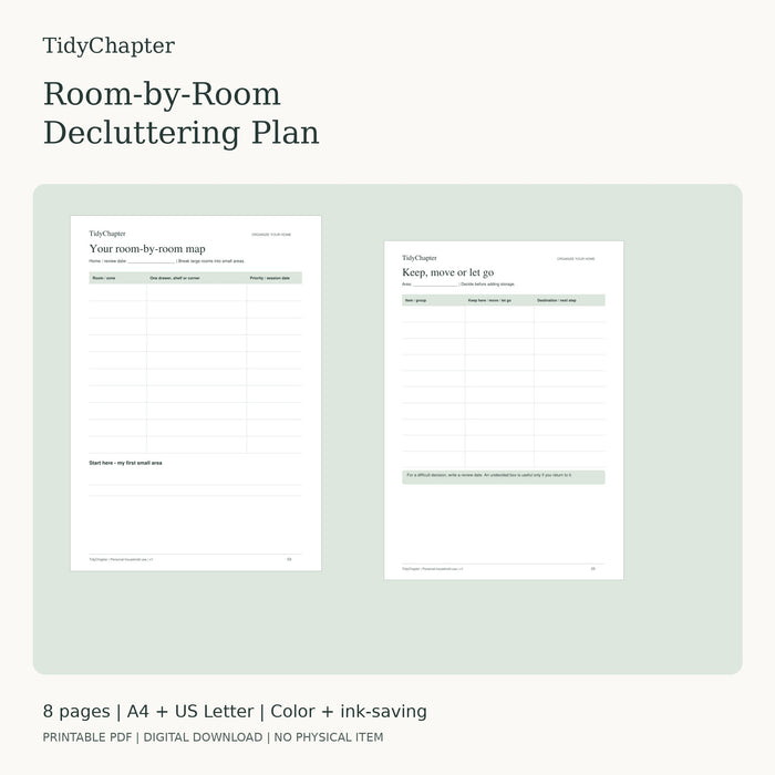 Room-by-Room Decluttering Plan printable PDF pack, A4 and US Letter