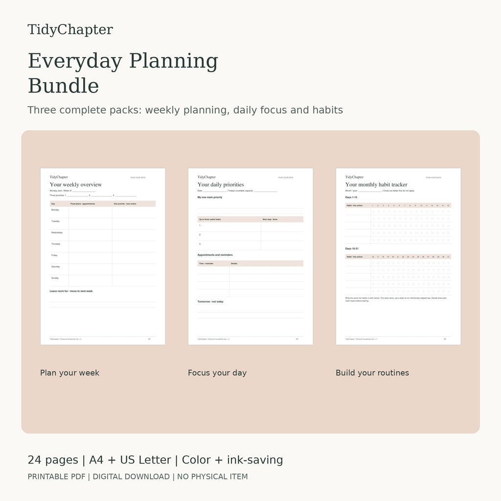 Everyday Planning Bundle printable PDF pack, A4 and US Letter