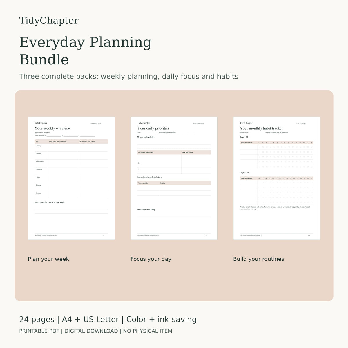 Everyday Planning Bundle printable PDF pack, A4 and US Letter
