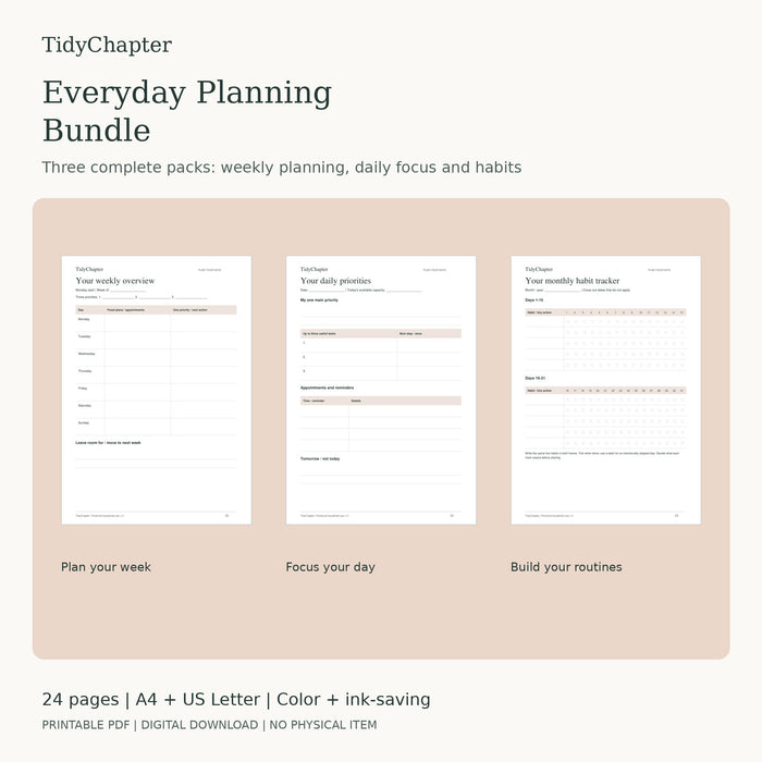 Everyday Planning Bundle printable PDF pack, A4 and US Letter