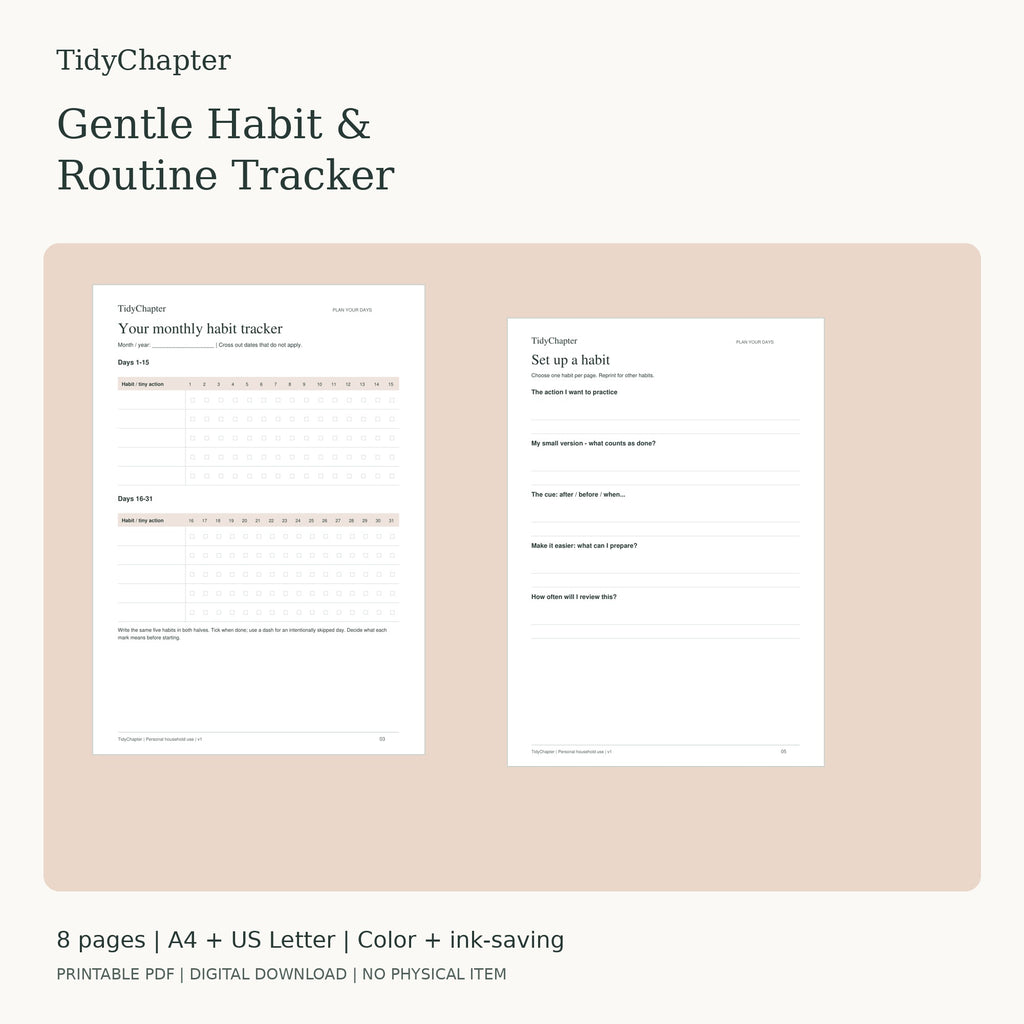 Gentle Habit & Routine Tracker printable PDF pack, A4 and US Letter