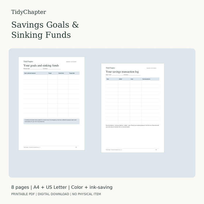 Savings Goals & Sinking Funds printable PDF pack, A4 and US Letter
