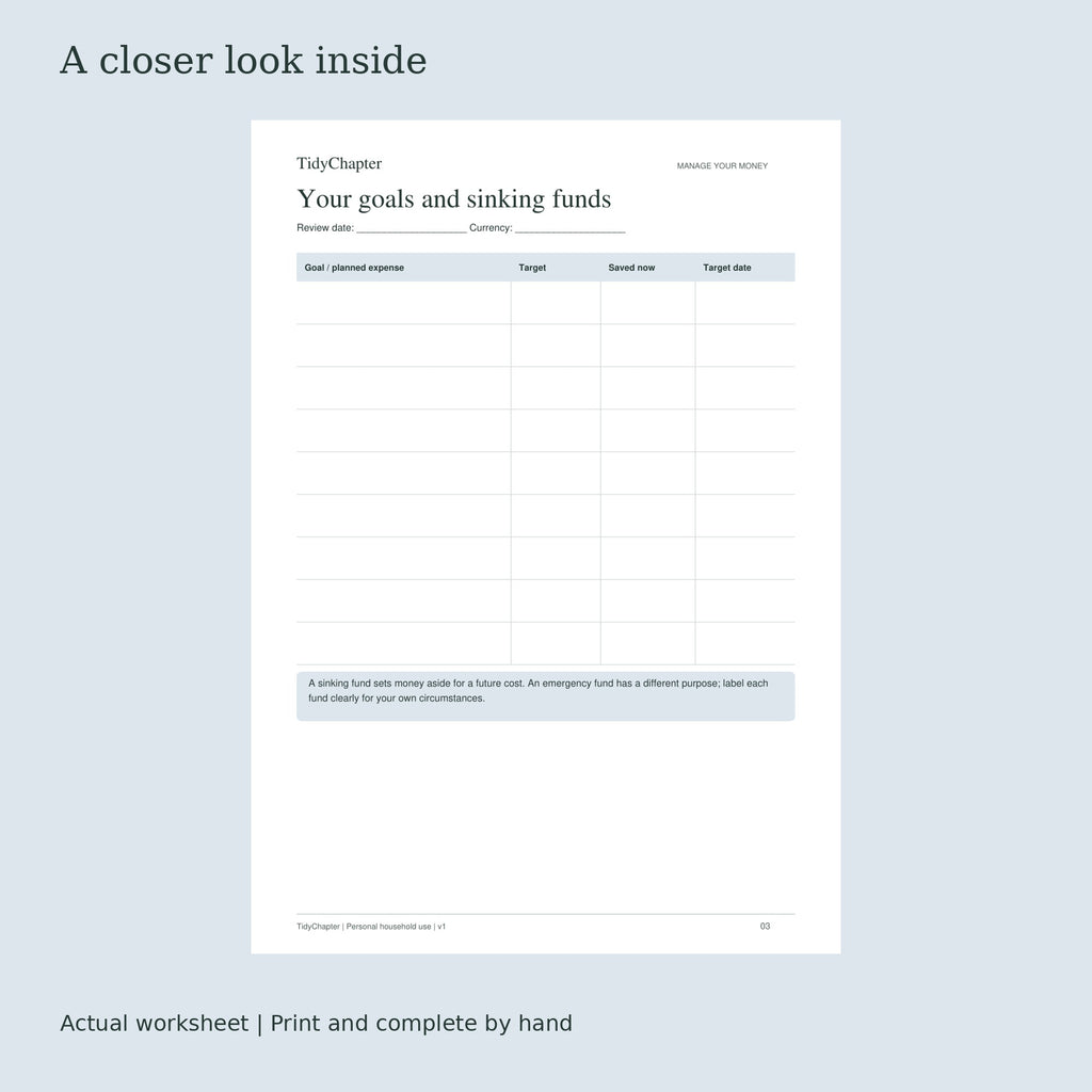 Savings Goals & Sinking Funds actual worksheet preview