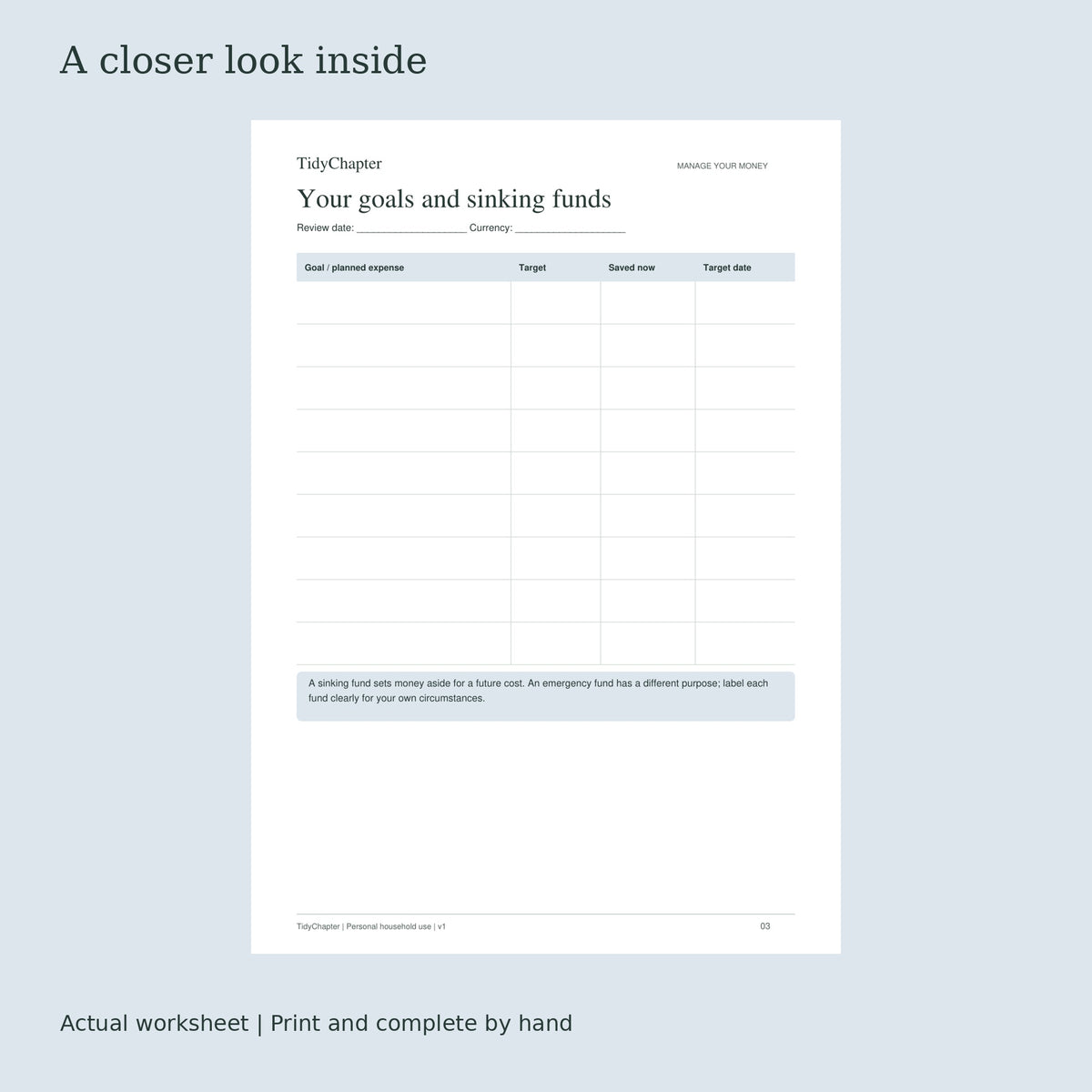 Savings Goals & Sinking Funds actual worksheet preview