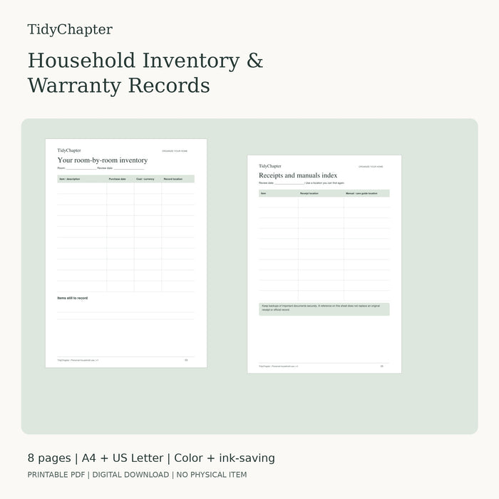 Household Inventory & Warranty Records printable PDF preview