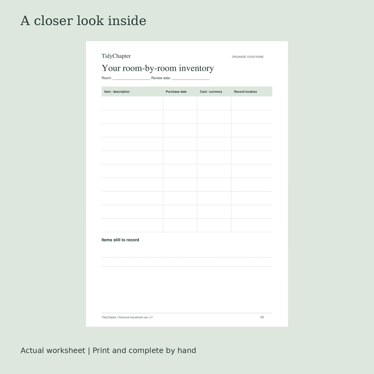 Household Inventory & Warranty Records actual worksheet preview