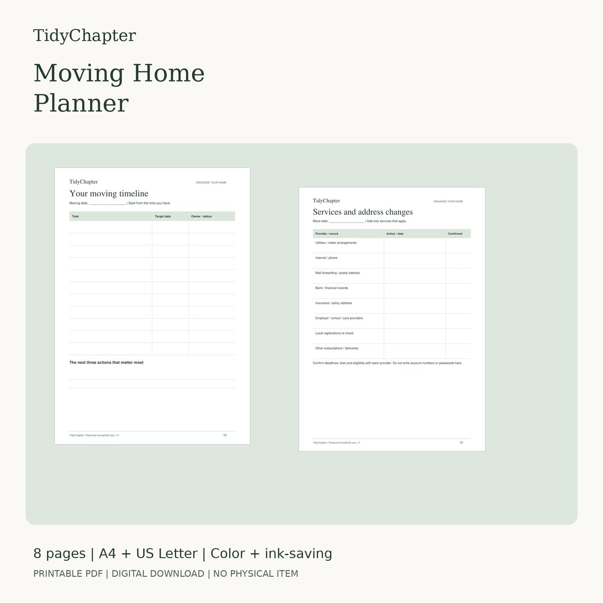 Moving Home Planner printable PDF preview
