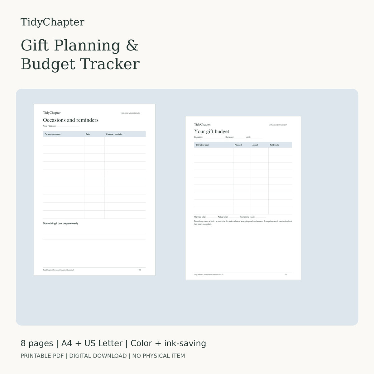 Gift Planning & Budget Tracker printable PDF preview