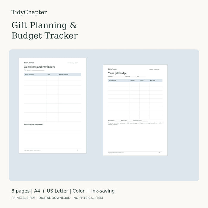 Gift Planning & Budget Tracker printable PDF preview