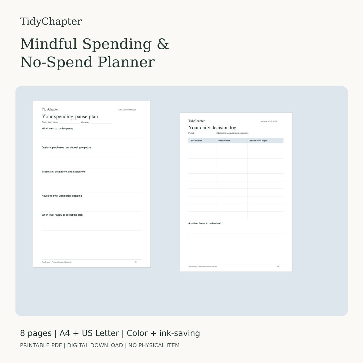 Mindful Spending & No-Spend Planner printable PDF preview
