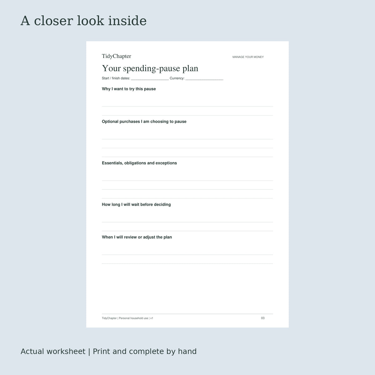 Mindful Spending & No-Spend Planner actual worksheet preview