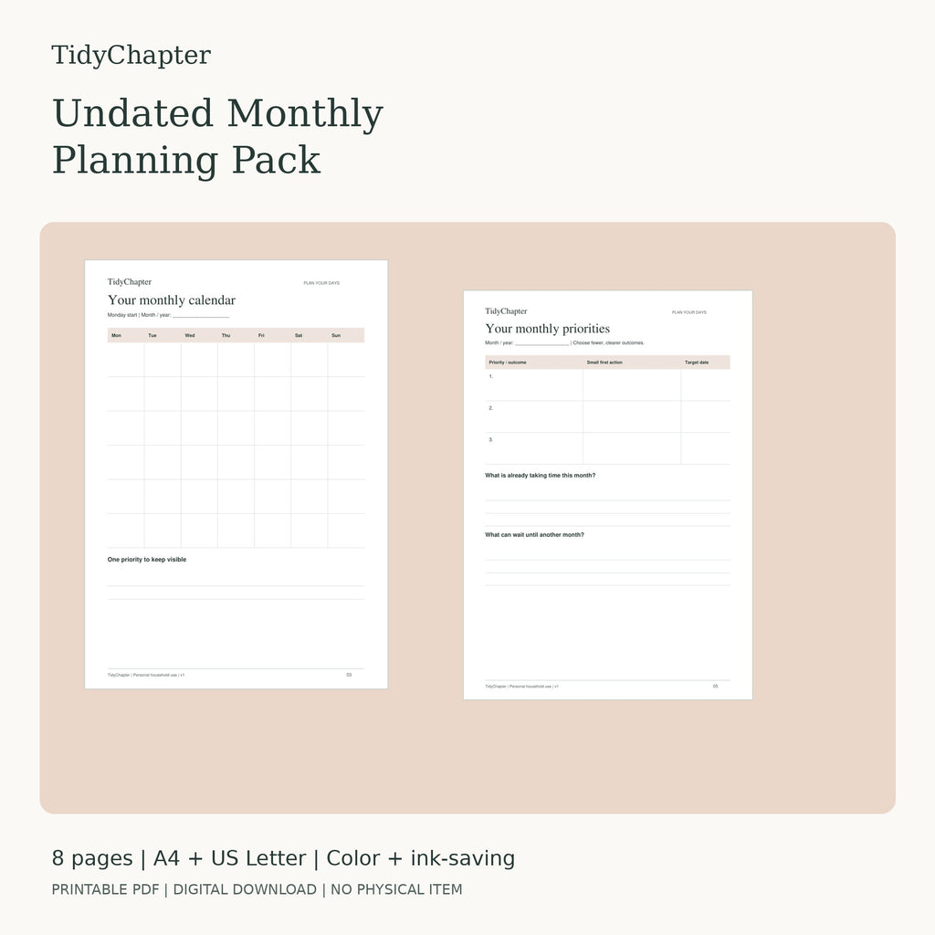 Undated Monthly Planning Pack printable PDF preview