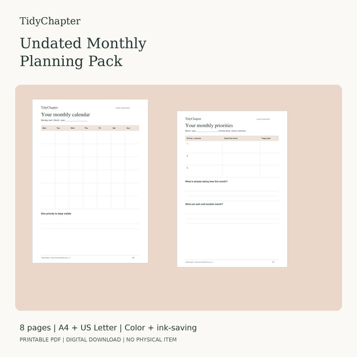Undated Monthly Planning Pack printable PDF preview
