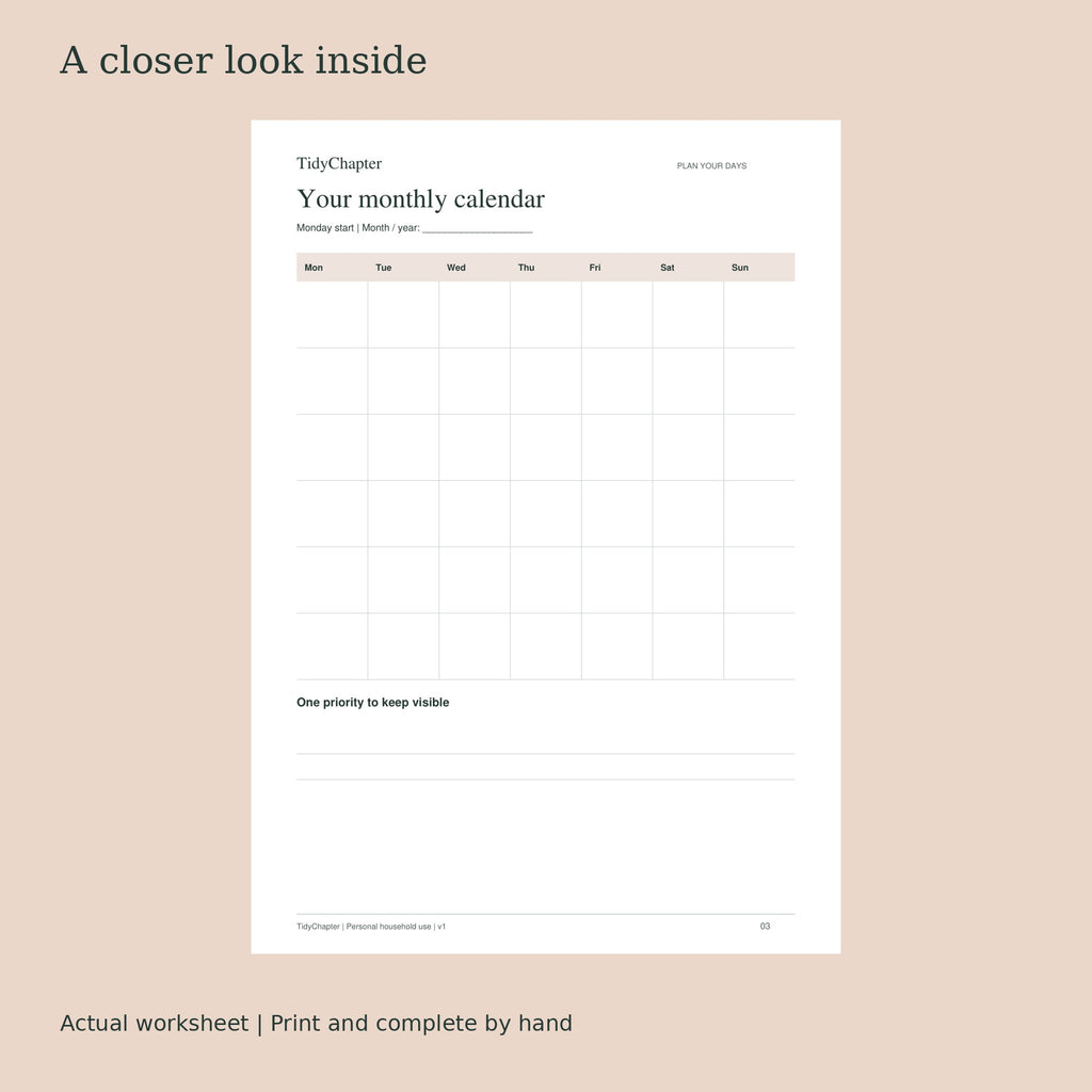 Undated Monthly Planning Pack actual worksheet preview