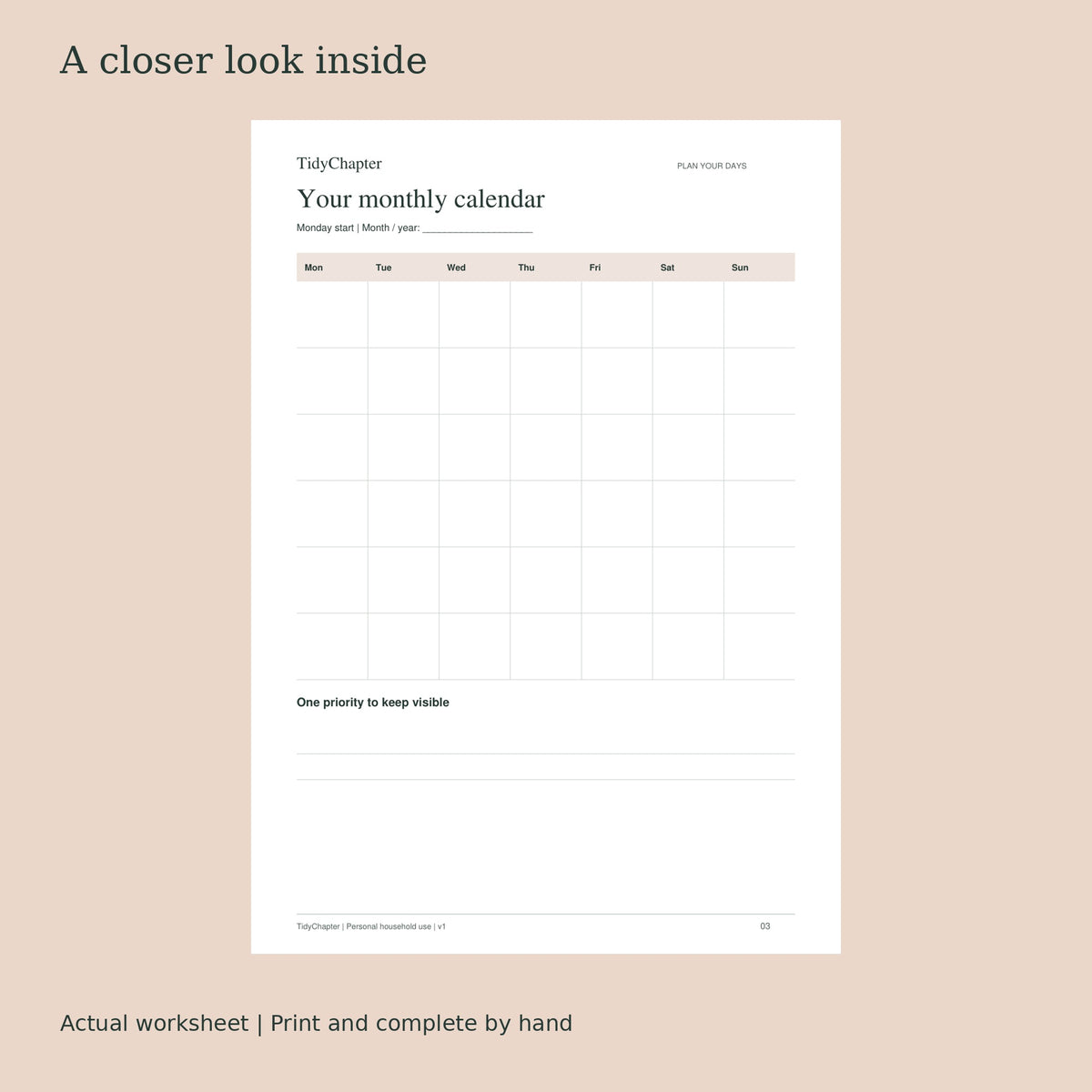Undated Monthly Planning Pack actual worksheet preview