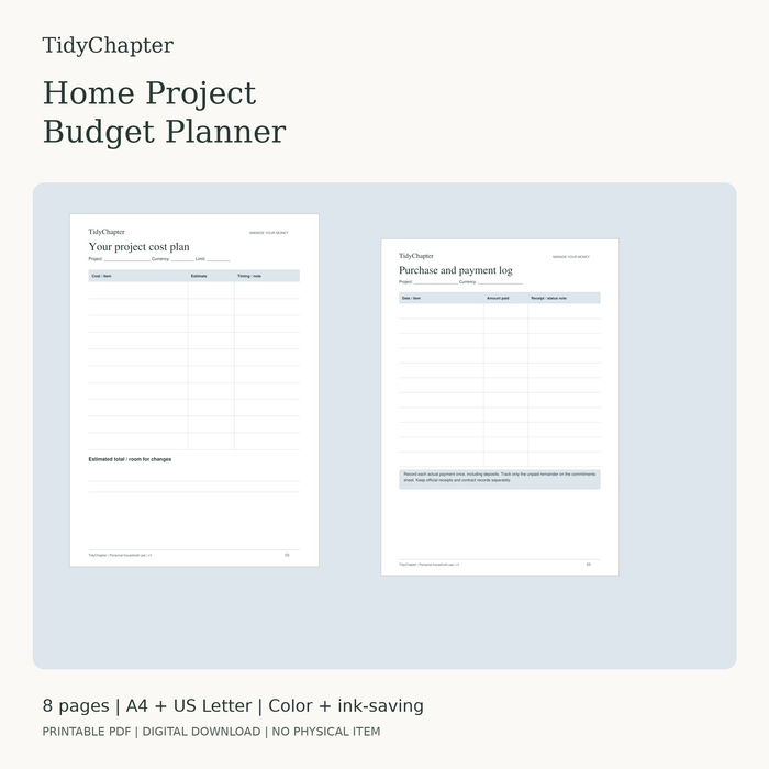 Home Project Budget Planner printable PDF pack in A4 and US Letter