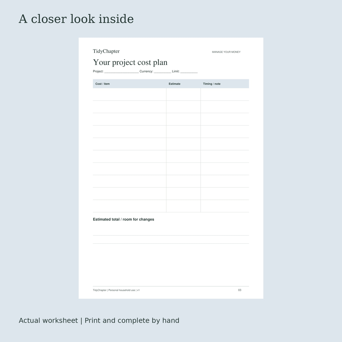 Home Project Budget Planner printable worksheet preview