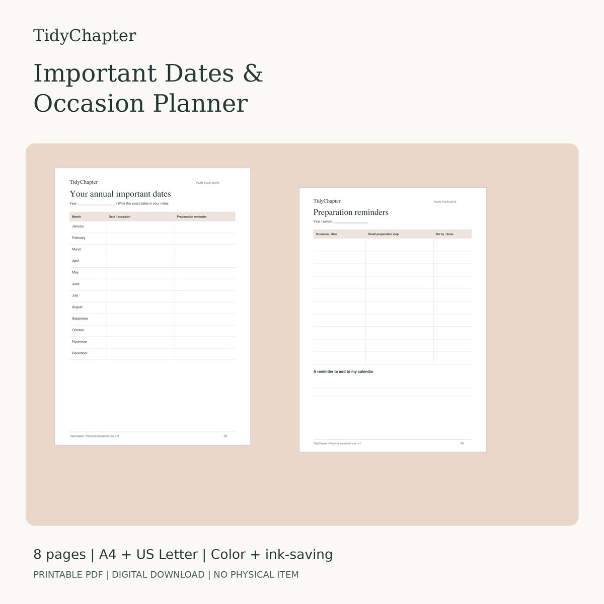 Important Dates & Occasion Planner printable PDF preview