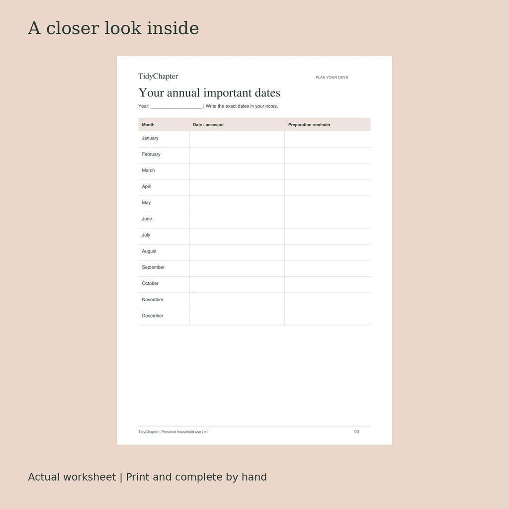 Important Dates & Occasion Planner actual worksheet preview