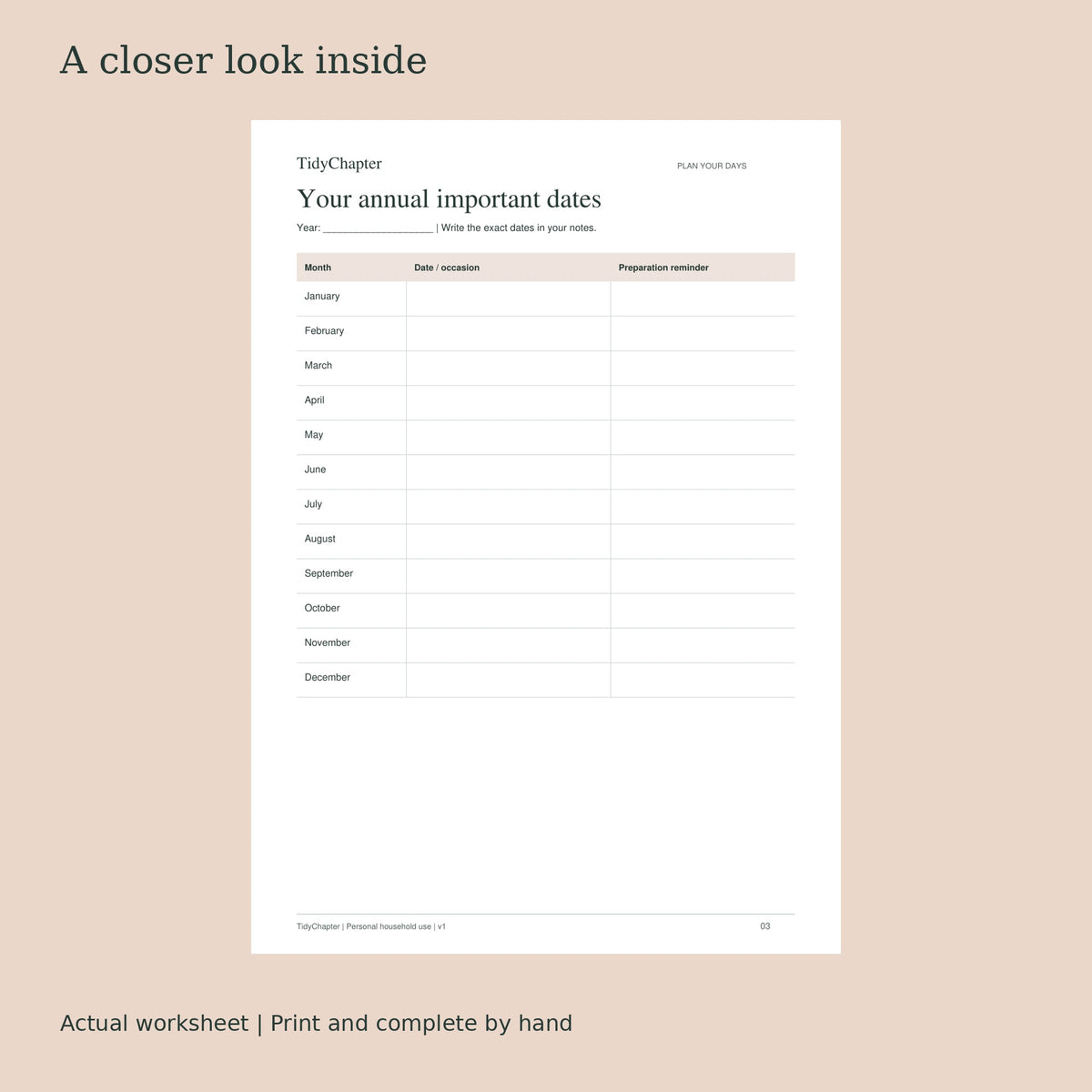 Important Dates & Occasion Planner actual worksheet preview