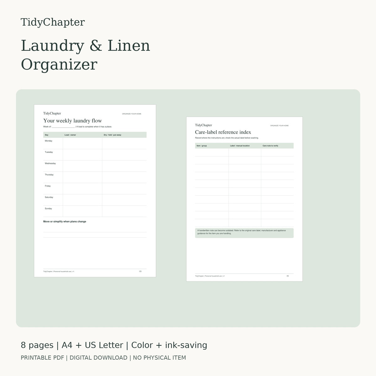 Laundry & Linen Organizer printable PDF preview