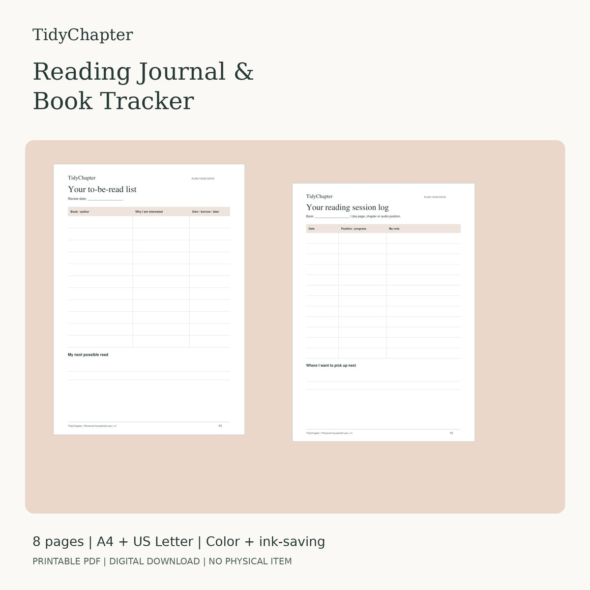 Reading Journal & Book Tracker printable PDF preview