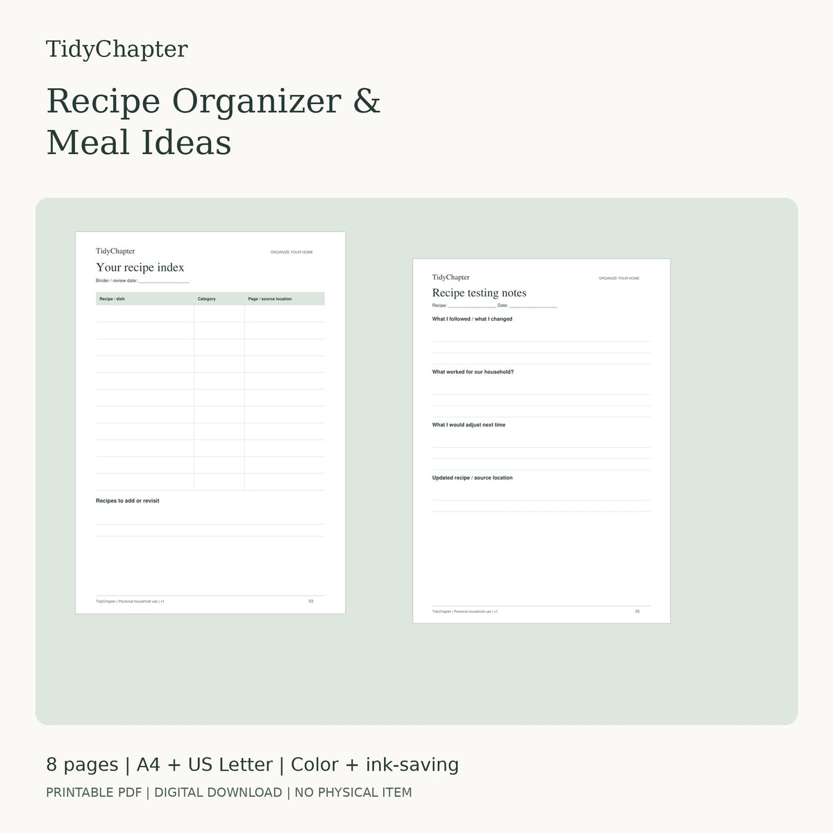 Recipe Organizer & Meal Ideas printable PDF preview
