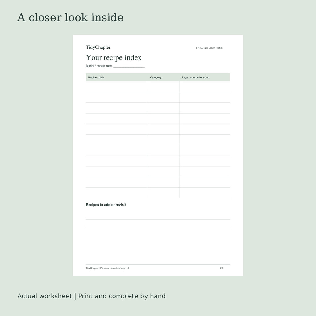 Recipe Organizer & Meal Ideas actual worksheet preview