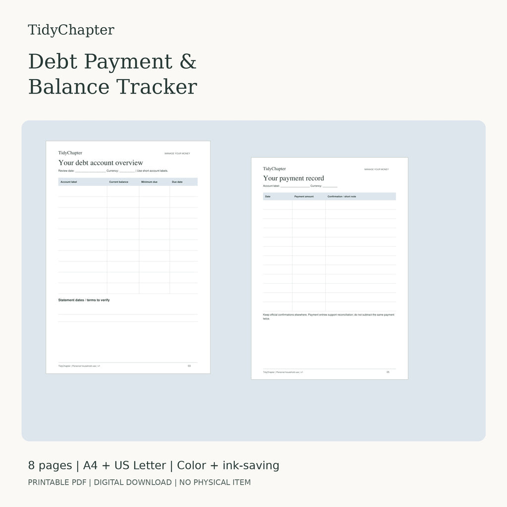 Debt Payment & Balance Tracker printable PDF pack in A4 and US Letter