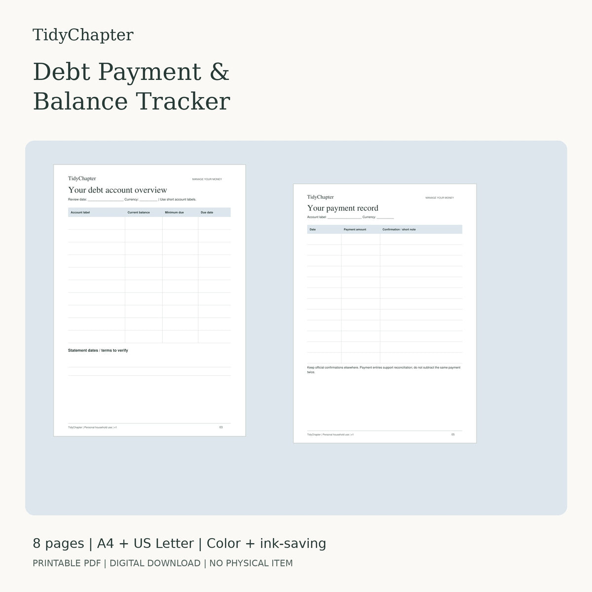 Debt Payment & Balance Tracker printable PDF pack in A4 and US Letter