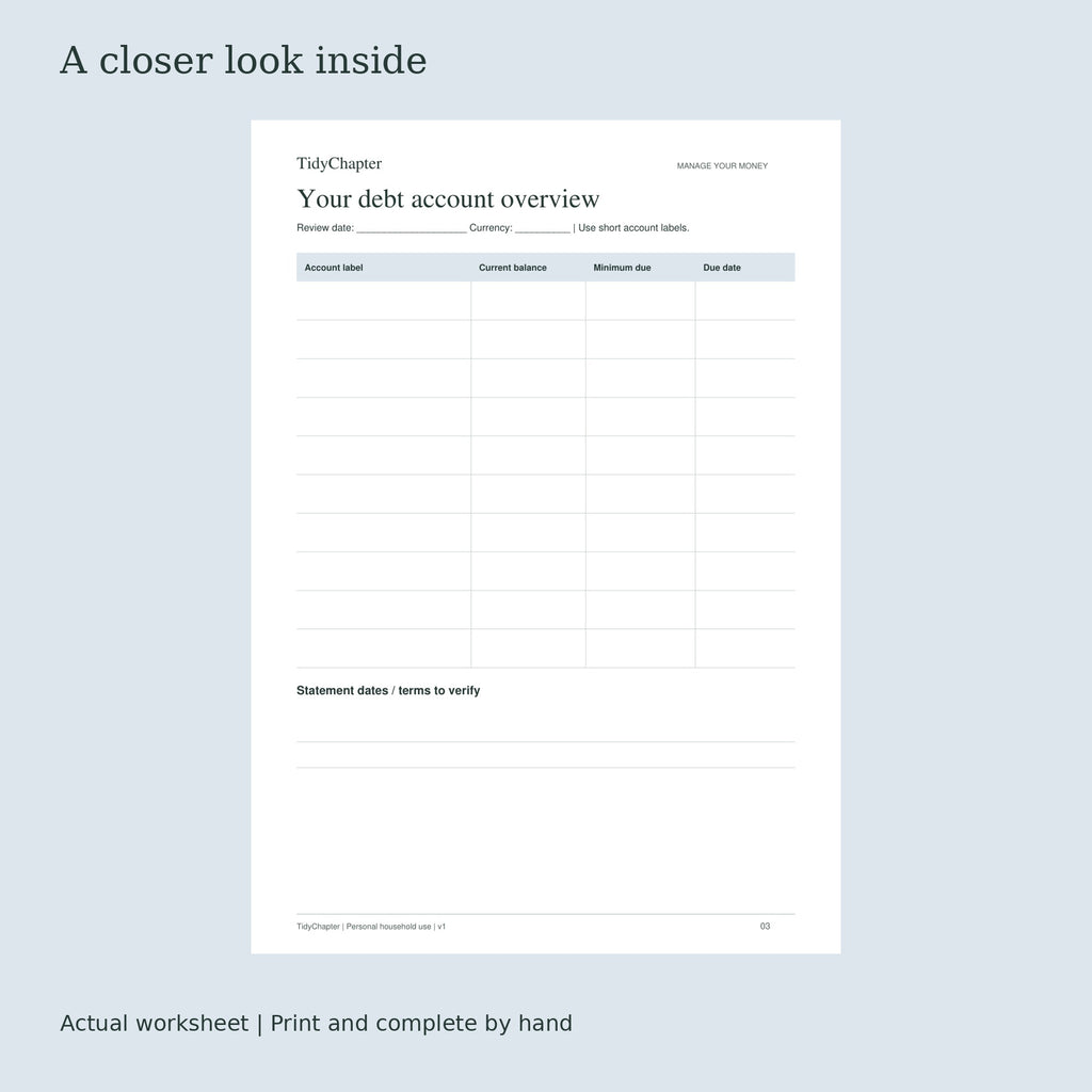 Debt Payment & Balance Tracker actual worksheet preview