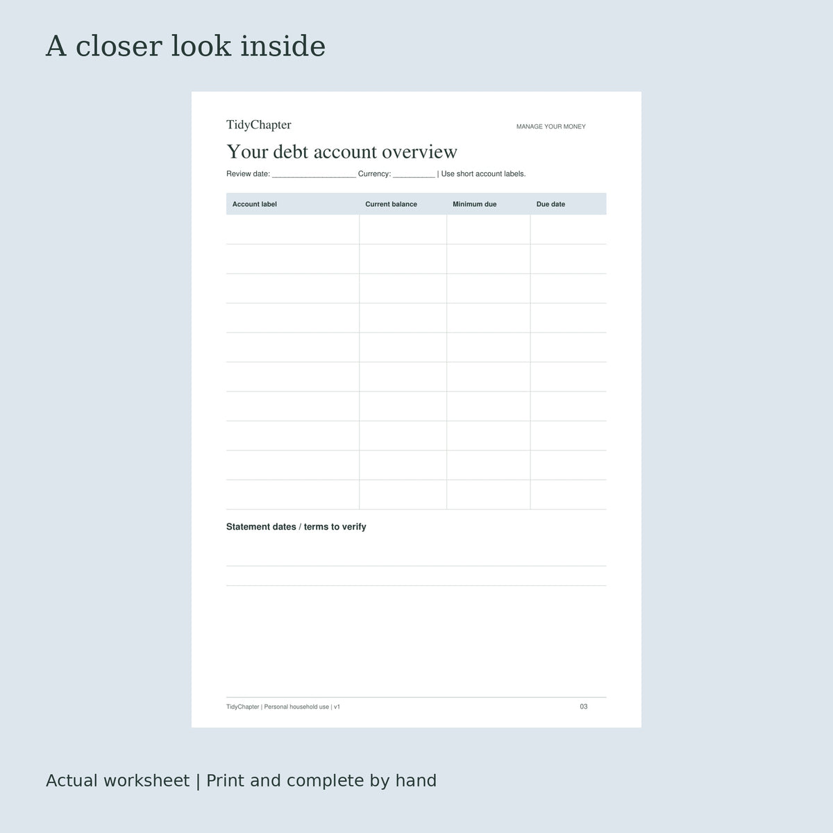 Debt Payment & Balance Tracker actual worksheet preview