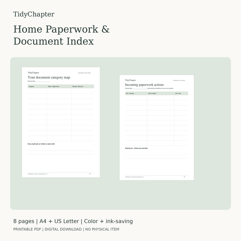 Home Paperwork & Document Index printable PDF pack in A4 and US Letter