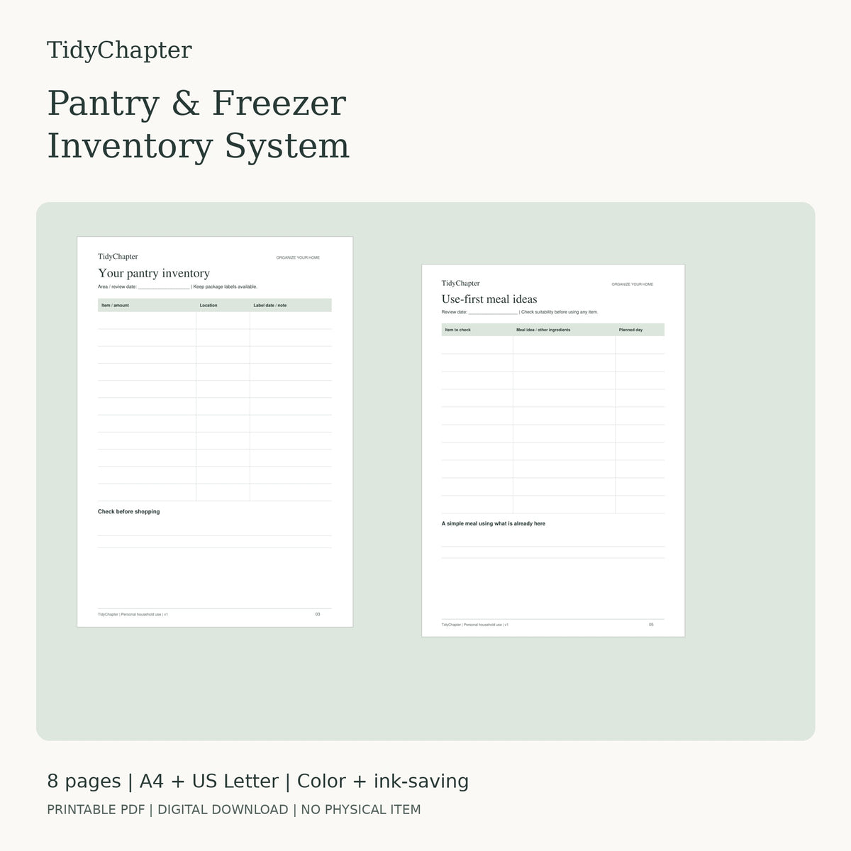 Pantry & Freezer Inventory System printable PDF pack in A4 and US Letter
