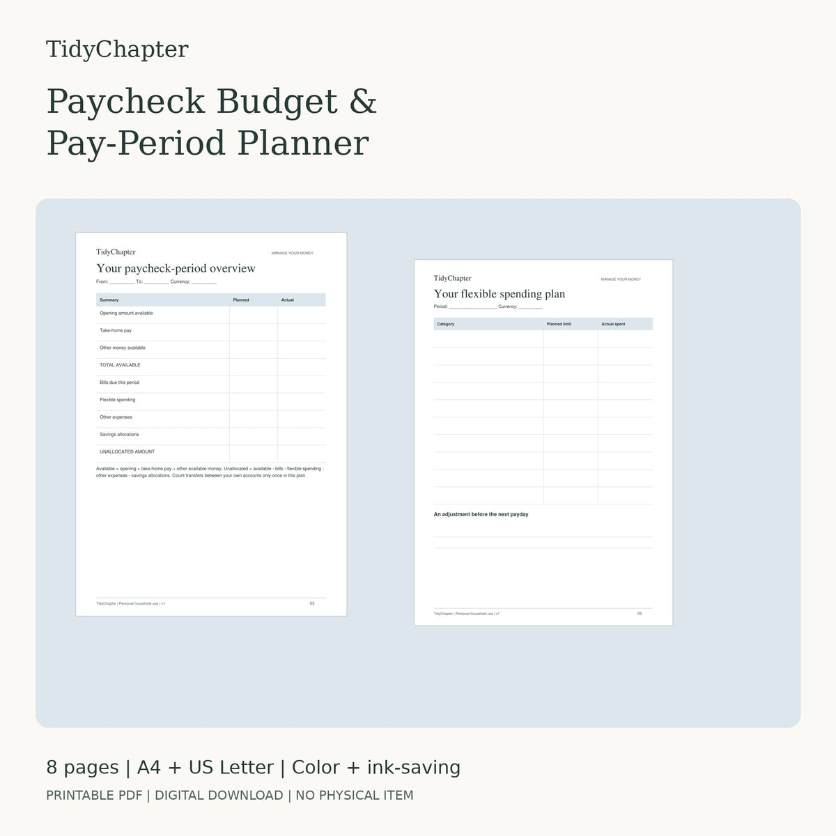 Paycheck Budget & Pay-Period Planner printable PDF pack in A4 and US Letter