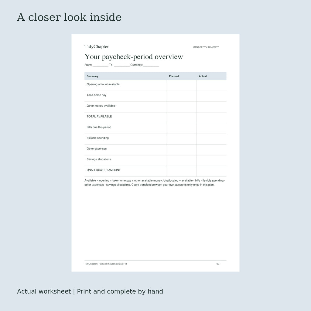 Paycheck Budget & Pay-Period Planner actual worksheet preview