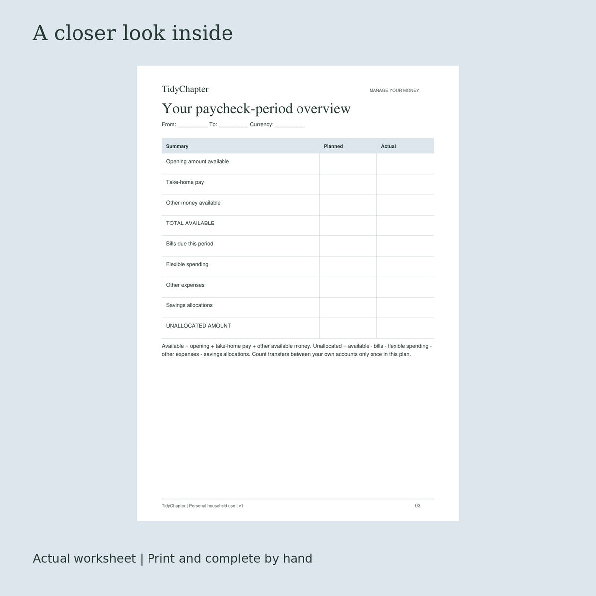 Paycheck Budget & Pay-Period Planner actual worksheet preview
