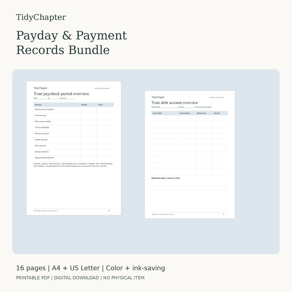 Payday & Payment Records Bundle two-pack printable PDF bundle in A4 and US Letter