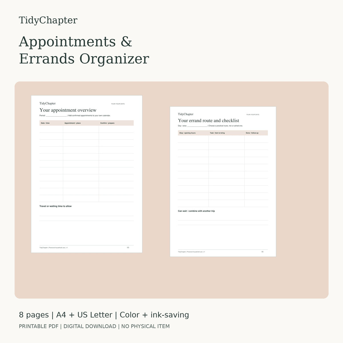 Appointments & Errands Organizer printable PDF pack in A4 and US Letter
