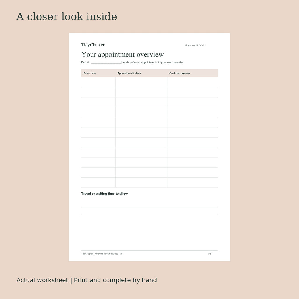 Appointments & Errands Organizer actual worksheet preview