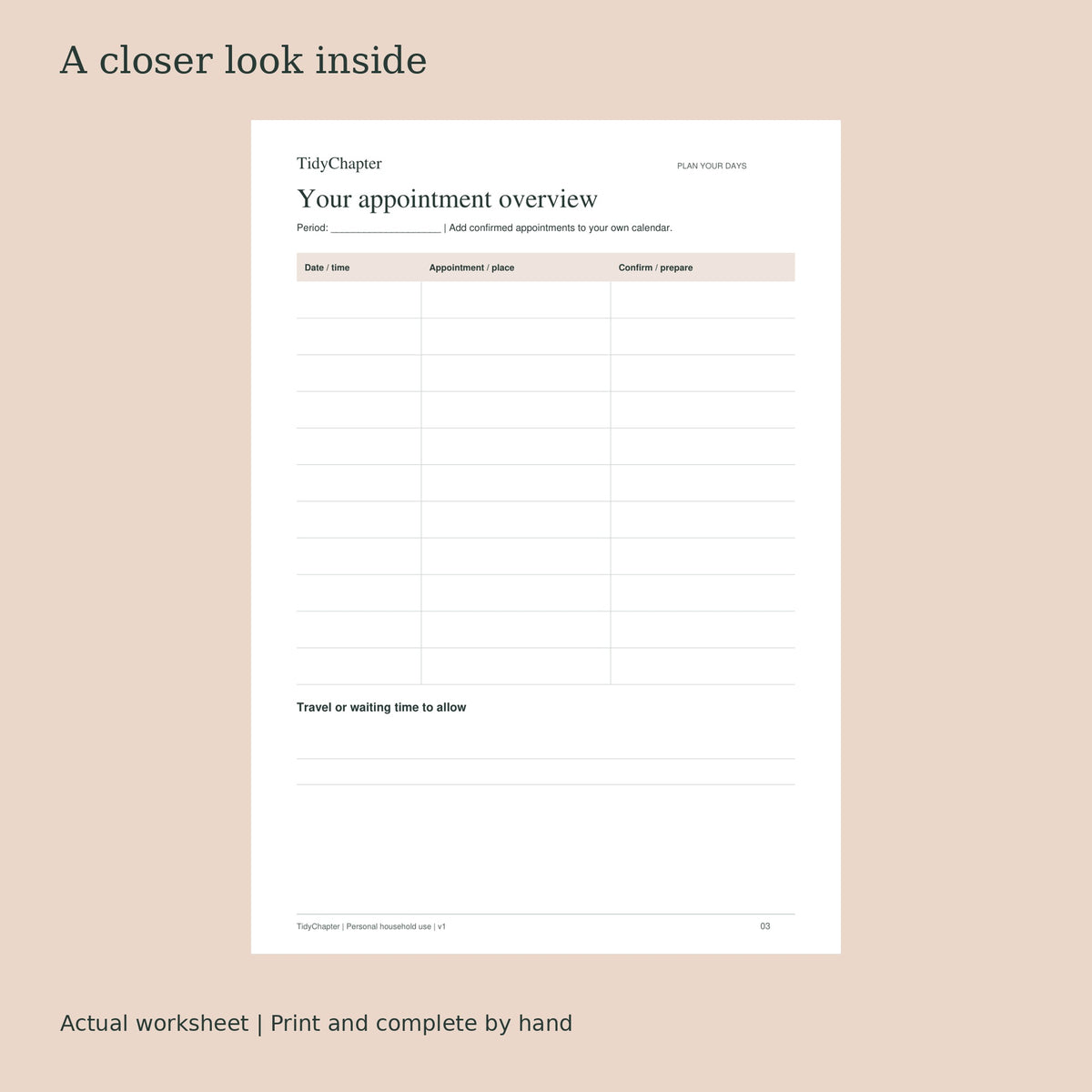 Appointments & Errands Organizer actual worksheet preview