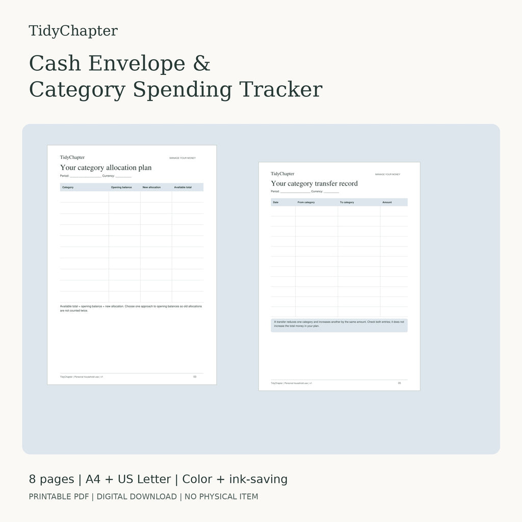 Cash Envelope & Category Spending Tracker printable PDF pack in A4 and US Letter