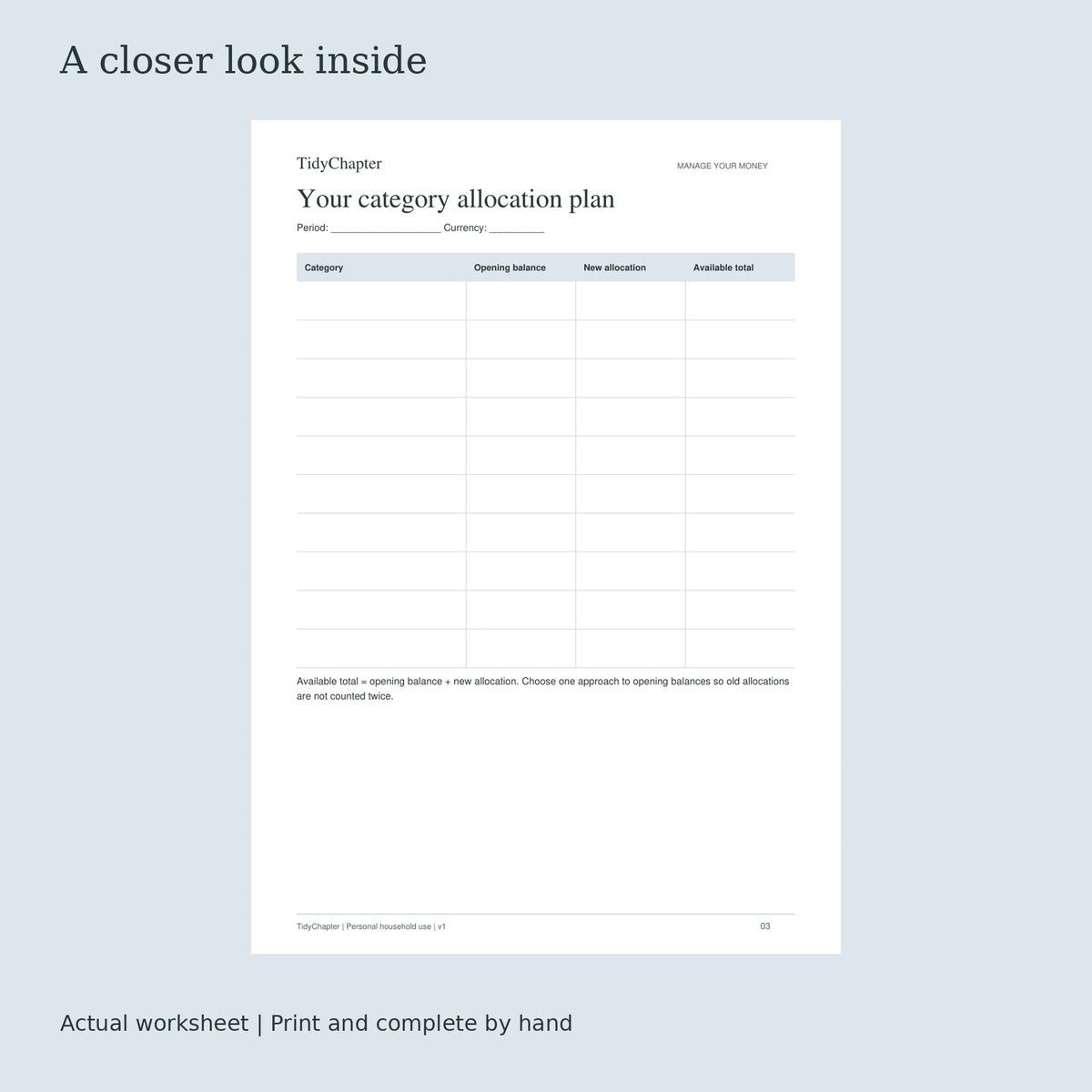 Cash Envelope & Category Spending Tracker actual worksheet preview